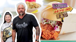 Guy Fieri Eats Mei Lins quot98Stepquot Hot Chicken Sando  Diners DriveIns and Dives  Food Network [upl. by Tsai873]