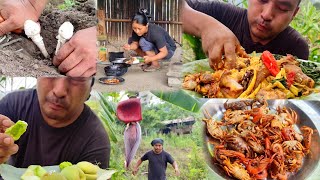 cook and eat wild mushroom and smoked meat  crab fry  eating sour mango and peach  kents vlog [upl. by Anigger]