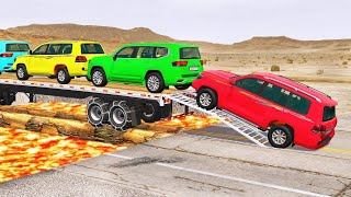 Double Flatbed Trailer Truck vs Speedbumps Train vs Cars  Tractor vs Train BeamngDrive 9 [upl. by Alrahs]