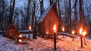 Winter Bushcraft Cabin Wood Stove Swedish Torch Life Off Grid [upl. by Suivatco]