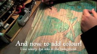 Gel transfer on wood and woodburning on mermaid box [upl. by Racso]