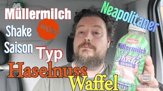 Müllermilch Shake Saison Typ Haselnuss Waffel Neapolitaner Review und Test [upl. by Herod]