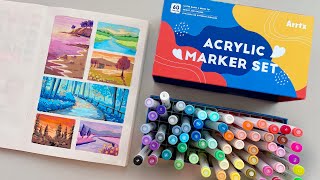 🎨 painting landscapes using acrylic markers ☁️ arrtx 60 colour set [upl. by Kiri]