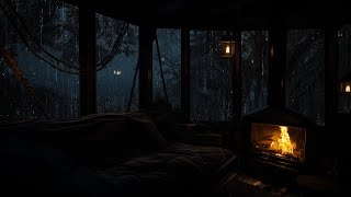 Wooden Cabin at Night  Rain Sounds and Fireplace for Peaceful Sleep [upl. by Eatnod]