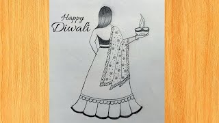 Beautiful Diwali Drawing EasyDiwali Festival Scenery Drawing For Beginners Diwali competition 2024 [upl. by Bender158]