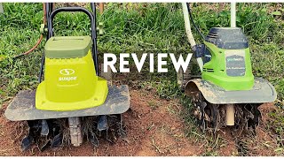 Sun Joe TJ604E Electric Tiller vs Greenworks 8 Amp 27072 tiller cultivator Review [upl. by Amaty]