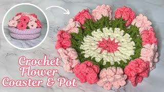 Crochet Flower Coasters And Pot Tutorial Part One  Beautiful Crochet Project DIY [upl. by Aetnuahs]