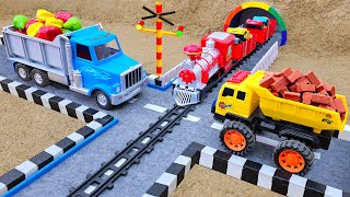 Crane truck rescue construction vehicle and sand leveling with excavator dump truck  Toy car story [upl. by Ellenoj]