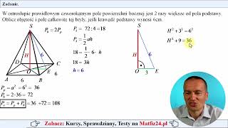 Obliczanie objętości i pola całkowitego w ostrosłupie prawidłowym czworokątnym  MatFiz24pl 👈 [upl. by Jallier398]