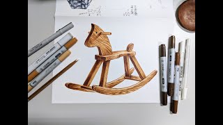 想學麥克筆畫畫｜木頭質感｜木馬｜繪畫縮時｜10分鐘 ｜How to draw wooden horse ｜STArt of Hope婷來易筆｜ [upl. by Callida]