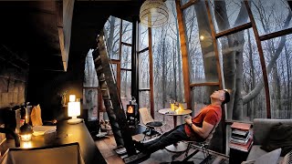 Relaxing ALONE in a Belgian Treehouse in RAIN  Solo glam camping ASMR [upl. by Lundquist]