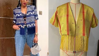 How To Cut And Sew A Very Simple VNeck Jacket with Fringe Pattern DraftingampSewingTutorialBeginner [upl. by Robson]