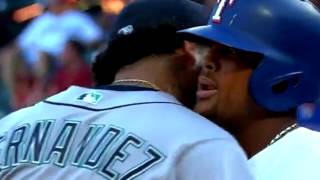 Felix Hernandez embraces Adrian Beltre before his first atbat [upl. by Clercq]