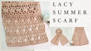 CROCHET LACY SCARF  LACE SUMMER SCARF  PUFF FLOWER STITCH [upl. by Anilram]