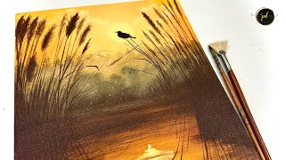 Birds perched on the reeds at sunset Acrylic Painting [upl. by Angelis147]