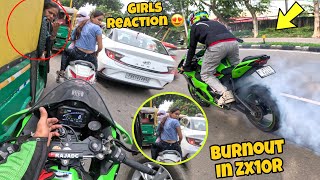 Burnout in Zx10r 🤩Girls Reaction 😍on my Zx10r  training back work out 🏋️‍♀️ [upl. by Amlus]