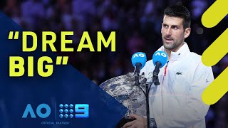 Novak Djokovics message to his fans after 10th Australian Open victory  Wide World of Sports [upl. by Greabe]