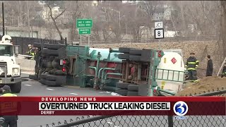 Video Tanker rollover closes portion of Route 34 in Derby [upl. by Nelleoj]