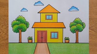 House Drawing  How to Draw a Simple House Step By Step Very Easy  House Scenery Drawing [upl. by Broder]