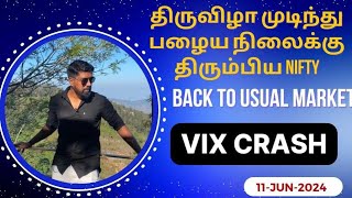 திருவிழா முடிந்து பழைய நிலைக்கு திரும்பிய Nifty Back to usual Market  VIX Crash 11Jun2024 [upl. by Sinned241]