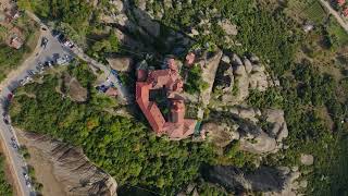 Aerial view of a holy monastery in Meteora a breathtaking Eastern Orthodox site nestled atop a [upl. by Witty849]