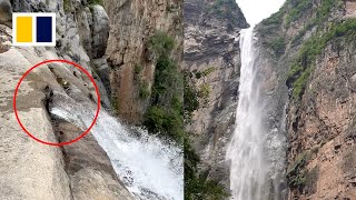 Tourist discovers waterfall in China supplied through pipes [upl. by Bullion]