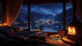 Windy Snowfall amp Crackling Fireplace at Night with Sleeping Pets  Cozy Ambience for Sleeping [upl. by Aguayo]