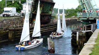 Outward Bound Sail Boats quotTryingquot to row Under the Blyman Bridge Gloucester Massachusetts [upl. by Iblehs]