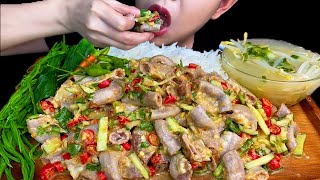 MUKBANG EATINGSPICY PORK INTESTINES SALAD amp BOILED VEGGIES  Recipe [upl. by Olsewski437]