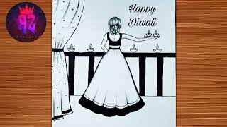 Beautiful Diwali Drawing Easy Diwali Festival Scenery Drawing  Chitra  Easy For Beginners [upl. by Casabonne971]