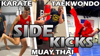 How Different Martial Arts SIDE KICK  Karate v Taekwondo v Muay Thai YOKO GERI [upl. by Tound]