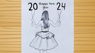 Happy New year 2024 drawing  Drawing on New year How to draw a girl  Happy New year  Easy Art [upl. by Davina]