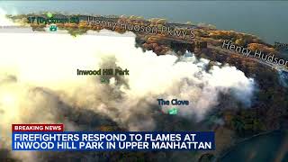 Firefighters respond to flames at Inwood Hill Park in Upper Manhattan [upl. by Yeclehc806]