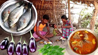 neem leaves with brinjal and mashala fish curry recipe cooking by santali tribe women [upl. by Nishom]