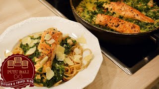 🍝 Spaghetti mit Lachs in SpinatChampignonsSahnesoße  PUTU BALI KITCHEN 🍝 [upl. by Urbannai]