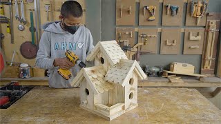 Build DIY woodworking temple bird house and bird feeder [upl. by Jerz190]