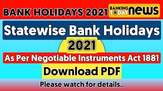 Bank Holidays List 2021 as per N I Act  Banking Today [upl. by Yelyah]