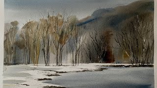 BEGINNERS Loose WATERCOLOR STORMY SKY Winter Trees amp River Watercolour Landscape PAINTING Tutorial [upl. by Siari613]