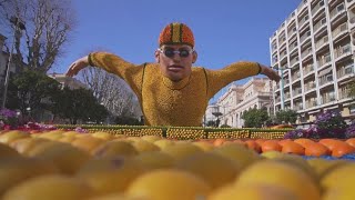 French city hosts Carnival style parade with floats made of lemons and oranges [upl. by Yevol148]