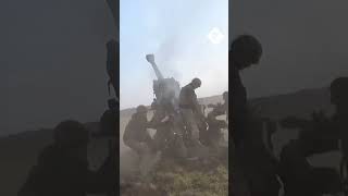 Ukrainian artillery fire howitzers at Russian targets on the Kherson frontline [upl. by Nnylear]