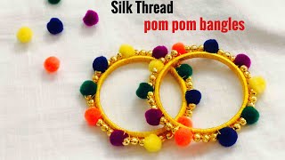 Making Silk Thread Pom Pom BanglesColorful Pom Pom Bangles Tutorial [upl. by Esilana]