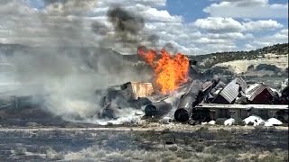 April 2628 BNSF 35 car derail closes I40  propane EXPLOSION gasoline amp diesel New Mexico [upl. by Yeldua718]