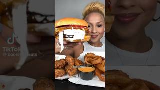 ASMR MUKBANG burger with onion rings and chicken nuggets shorts [upl. by Enamrahs]