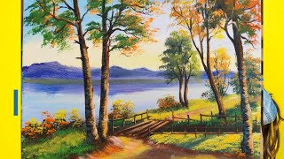 Beautiful painting 🖌️ Draw tree beside river easy  Acrylic painting [upl. by Neeham]