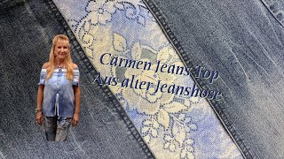 Upcycling Jeans Top Carmenausschnitt aus alter Jeanshose  Lilo Siegel [upl. by Rafaelof]