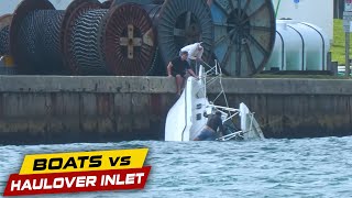 BOAT SINKING INSIDE THE INLET CAPTAIN HANGS ON  Boats vs Haulover Inlet [upl. by Aidin913]