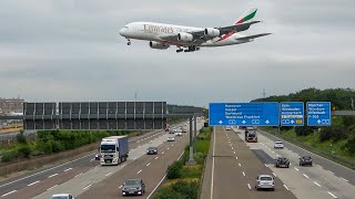 AIRBUS A380 above the MOTORWAY  BOEING 747 DEPARTURE with an A380 taxing 4K [upl. by Luebke]