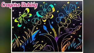 CRAYONS ETCHING  SCRATCH ART TO MAKE BEAUTIFUL BUTTERFLY SCENERY [upl. by Enerol]