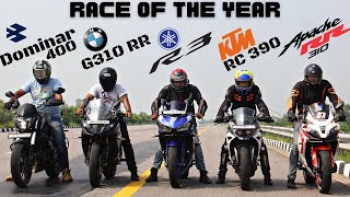 Dominar 400 vs Yamaha R3 vs KTM RC390 vs BMW G310RR vs TVS Apache RR310 RACE OF THE YEAR [upl. by Terina]