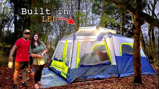 New Tent with Built in Switch  camping in the woods  Hot Tent Stove [upl. by Kcirdnekal]